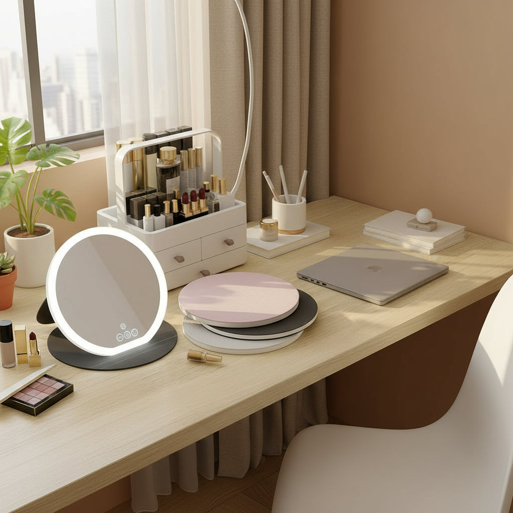 Miroir de maquillage LED pliable – 3 couleurs, intensité réglable