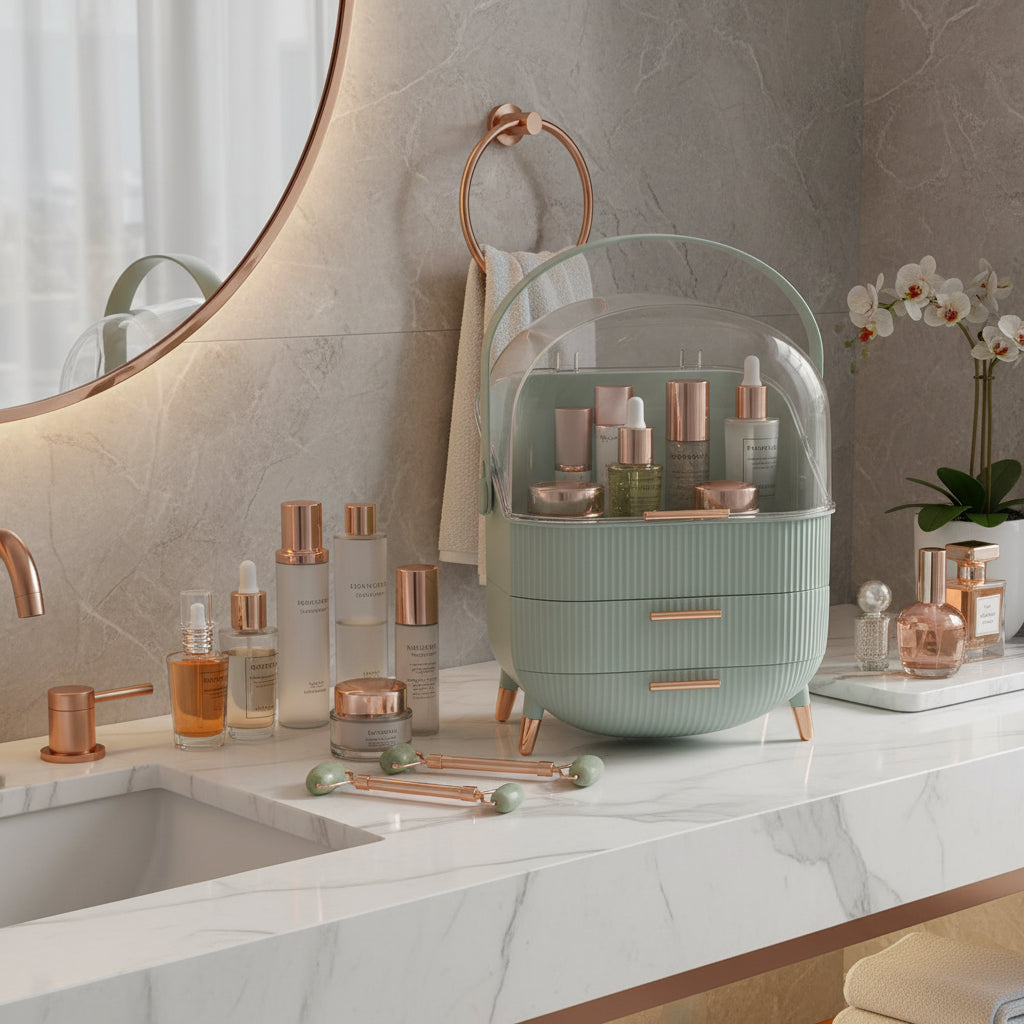 Organisateur de Maquillage – Boîte de Rangement Anti-Poussière pour Cosmétiques & Bijoux