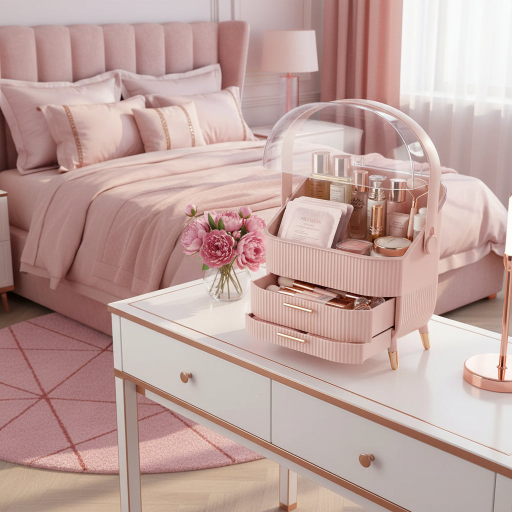 Organisateur de Maquillage – Boîte de Rangement Anti-Poussière pour Cosmétiques & Bijoux