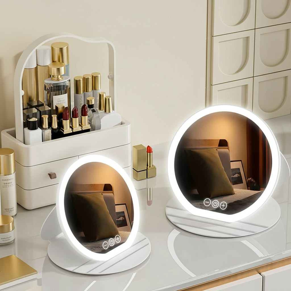 Miroir de maquillage LED pliable – 3 couleurs, intensité réglable