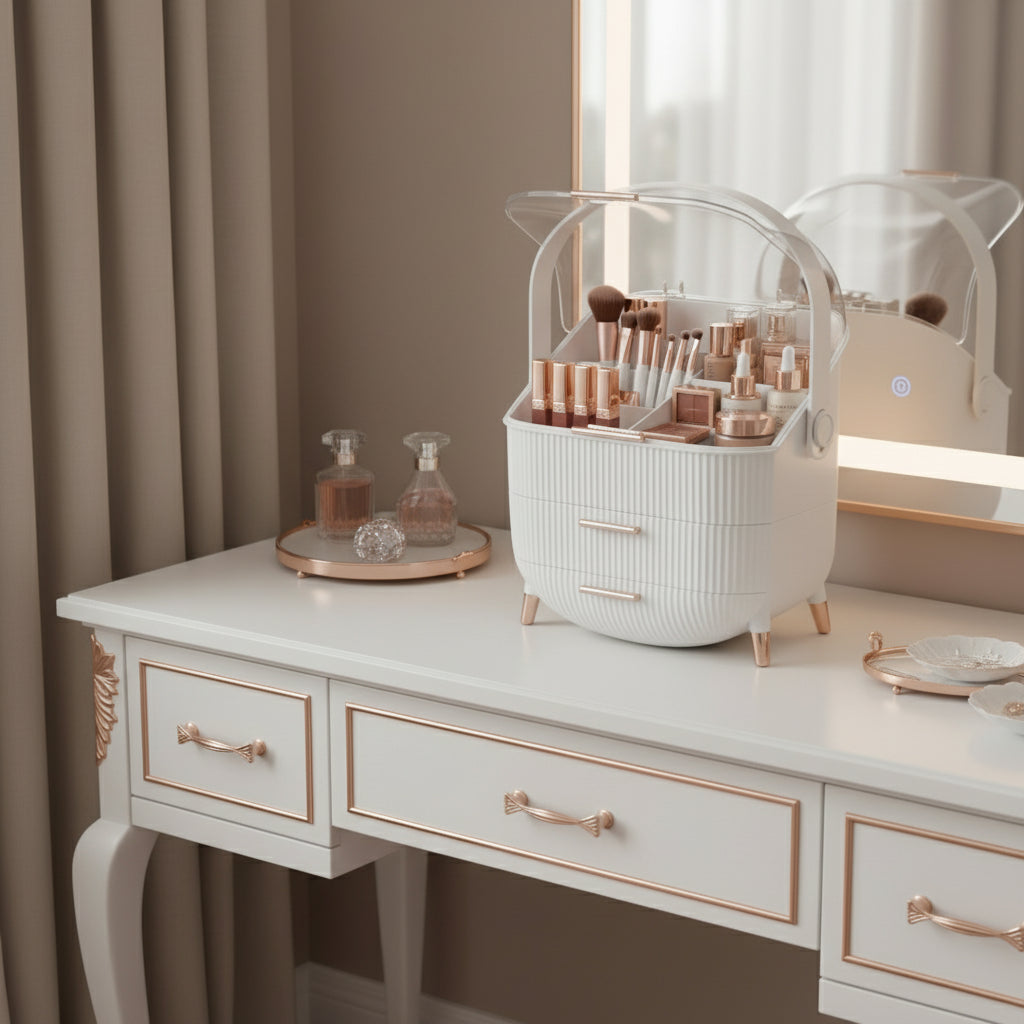 Organisateur de Maquillage – Boîte de Rangement Anti-Poussière pour Cosmétiques & Bijoux