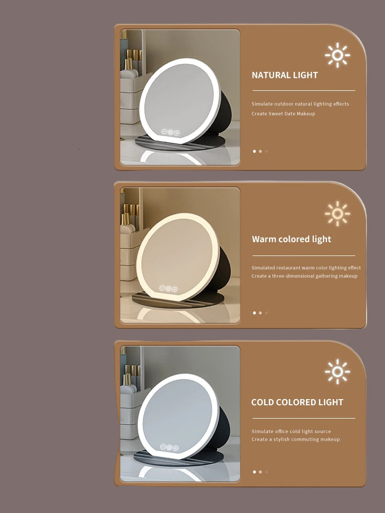 Miroir de maquillage LED pliable – 3 couleurs, intensité réglable